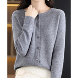 Gray button-front knit pullover with long sleeves and ribbed hem
