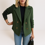 Green everyday blazer with notch lapels and four-button front, ribbed long sleeves