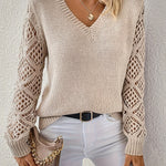Rosa™ beige V-neck knit pullover with long openwork sleeves