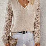 Rosa™ beige V-neck knit pullover with long openwork sleeves