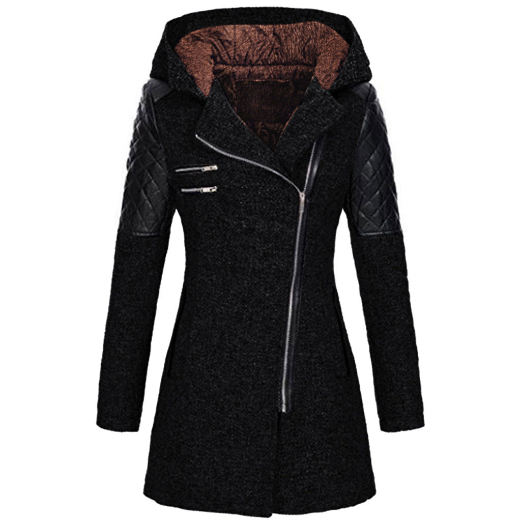 Womens winter parka coat, black, faux fur-lined hood, quilted sleeve panels