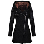 Womens winter parka coat, black, faux fur-lined hood, quilted sleeve panels
