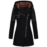 Womens winter parka coat, black, faux fur-lined hood, quilted sleeve panels