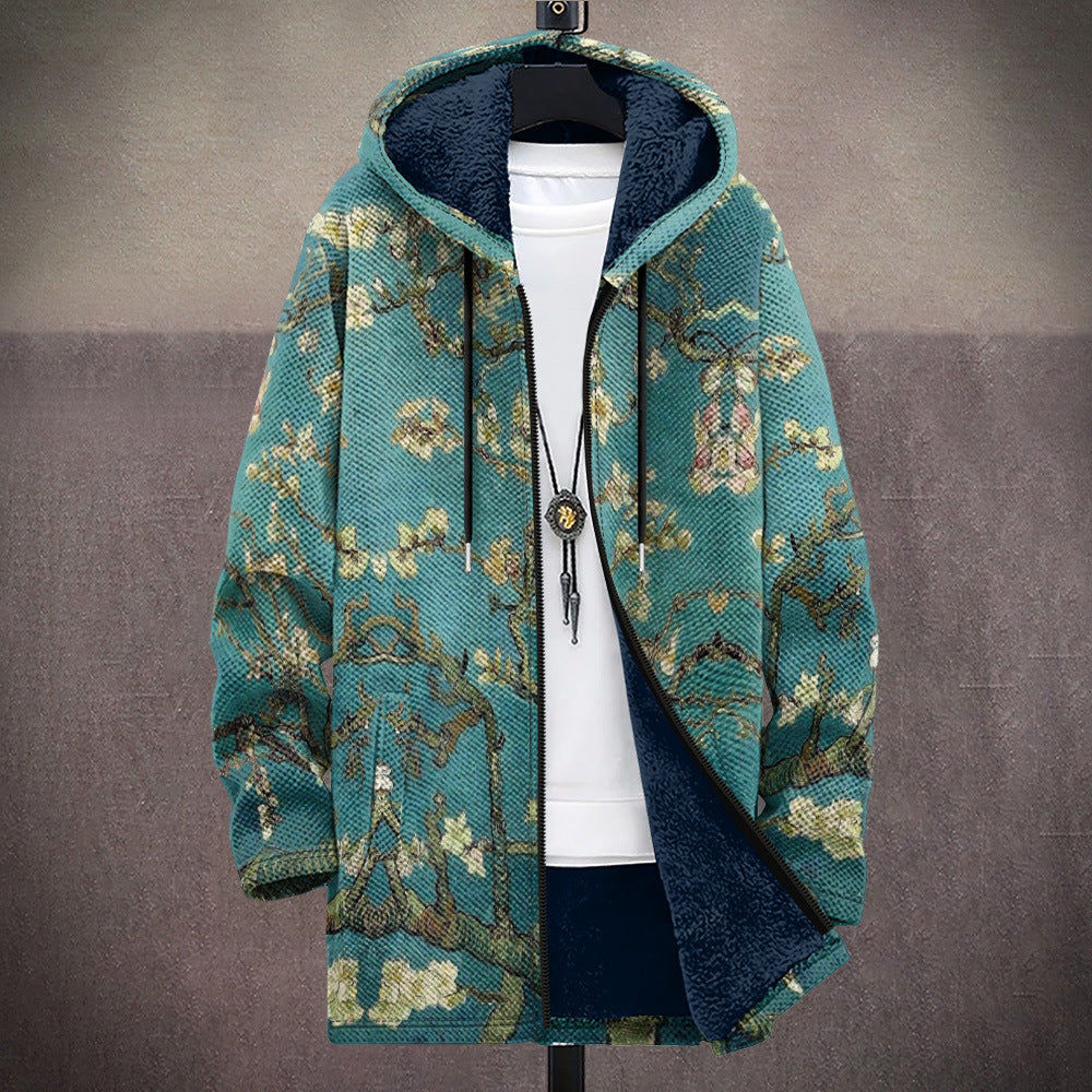Vibrant patterned cardigan with hood, front zip, teal and tan knit with dark lining