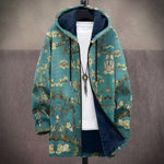 Vibrant patterned cardigan with hood, front zip, teal and tan knit with dark lining