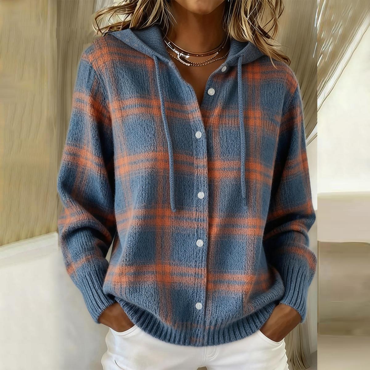 Blue plaid button-up hoodie pullover with hood, long sleeves, and snap buttons