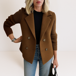 Brown everyday blazer with notch lapels and four-button front, ribbed long sleeves