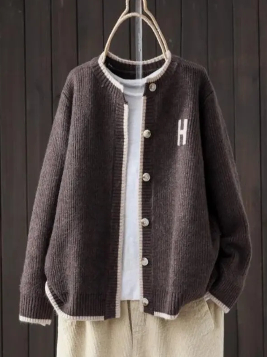 Dark brown classic cardigan with button front, ribbed trim, and 'H' patch