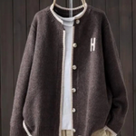 Dark brown classic cardigan with button front, ribbed trim, and 'H' patch