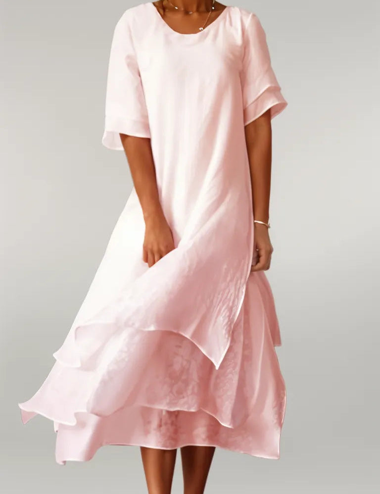 Vivienne™ long cotton dress in light pink, short sleeves, layered flounce hem.