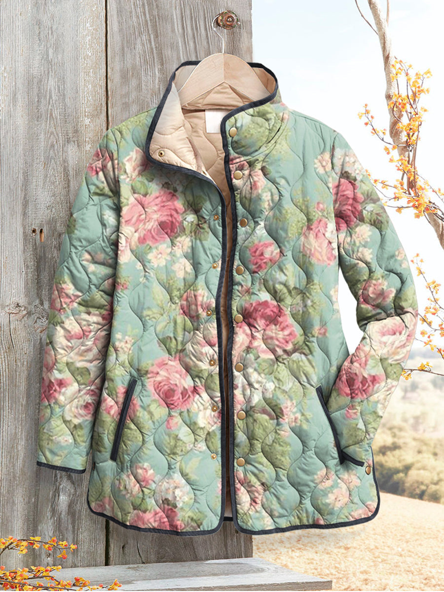 Women’s quilted floral jacket with hood, front zipper, teal with pink rose print