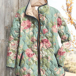 Women’s quilted floral jacket with hood, front zipper, teal with pink rose print
