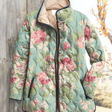 Women’s quilted floral jacket with hood, front zipper, teal with pink rose print