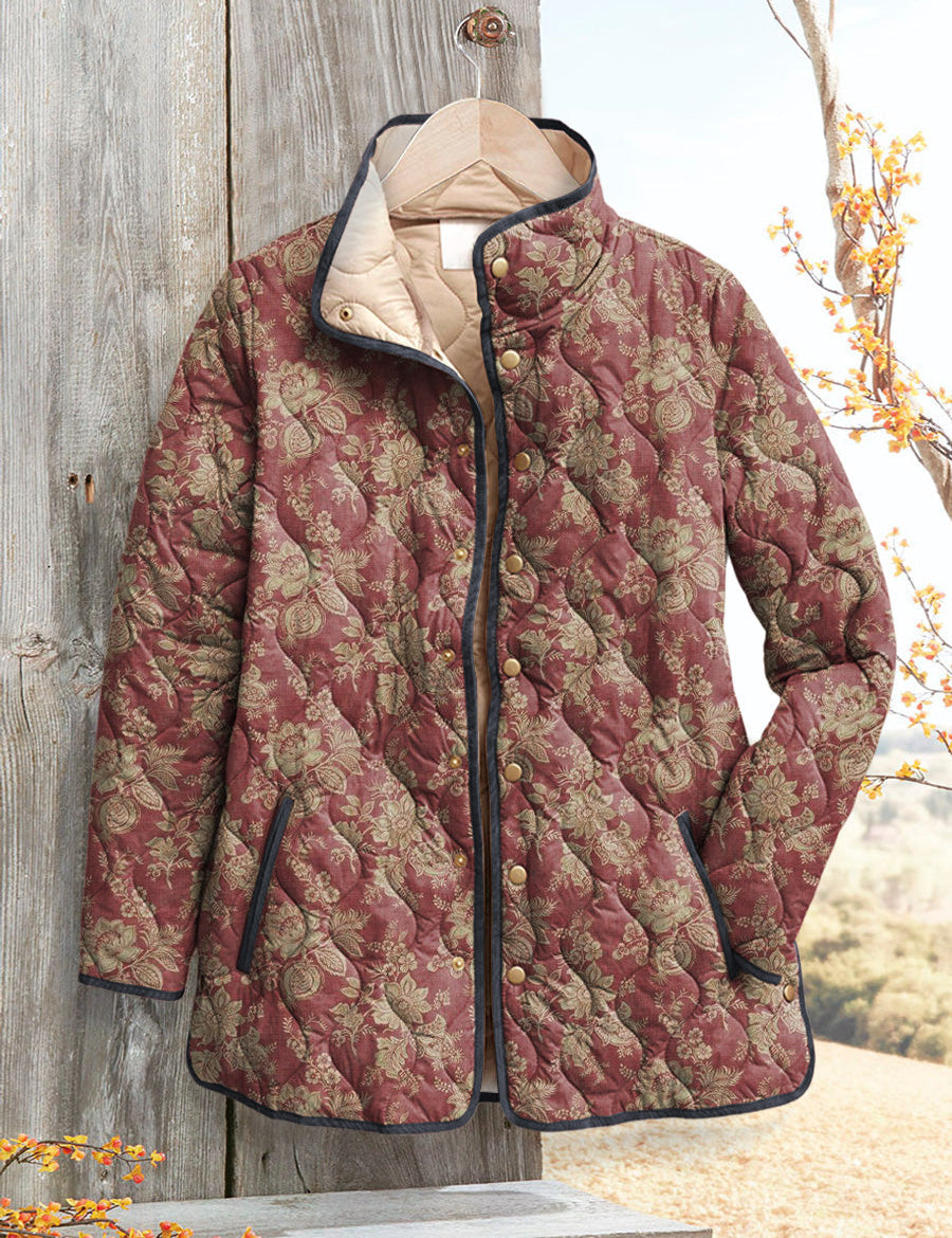 Women's vintage floral jacket, maroon and gold patterned with button front and dark trim