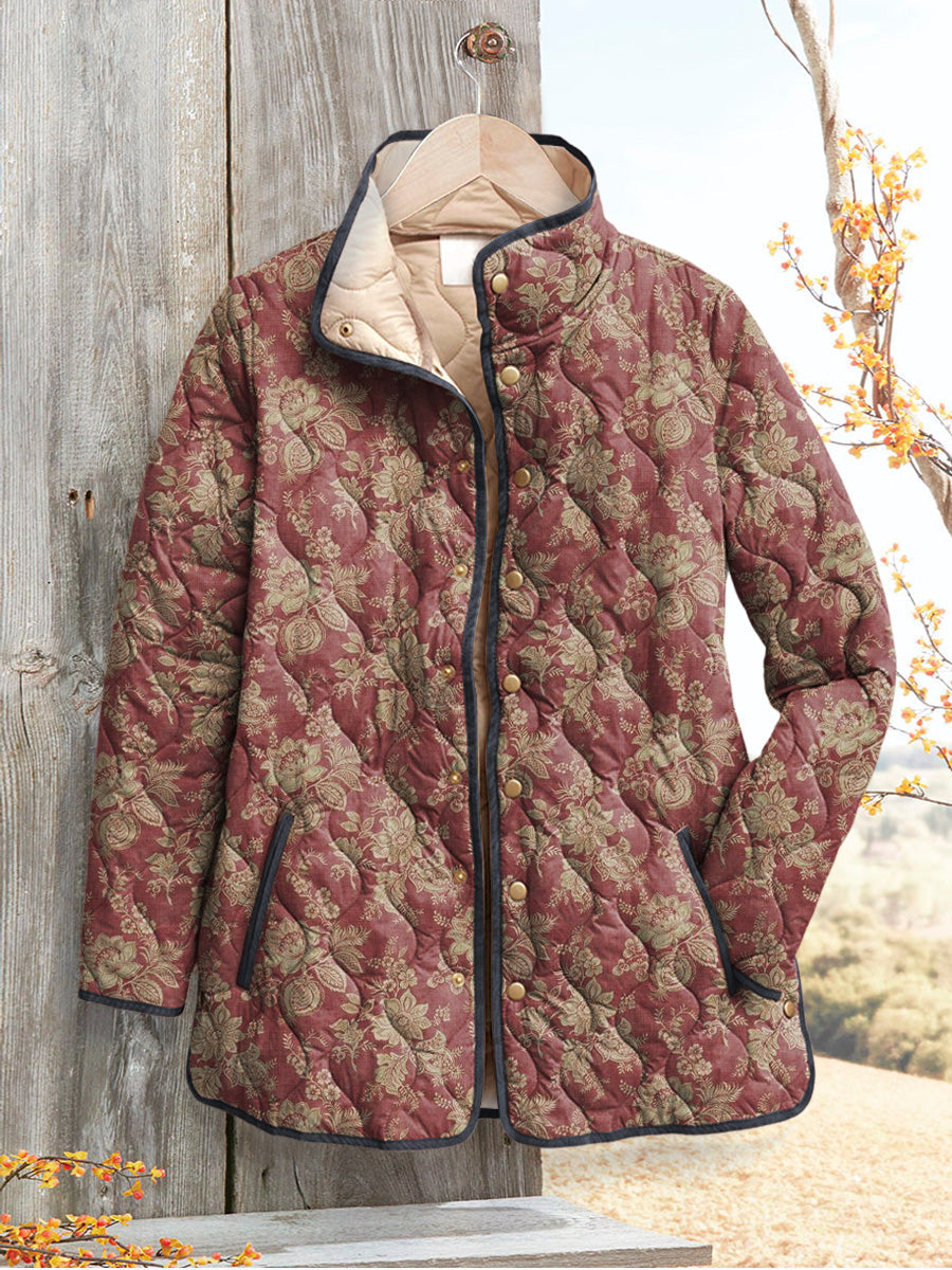 Women's vintage floral jacket, maroon and gold patterned with button front and dark trim