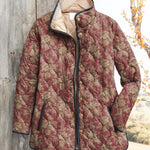 Women's vintage floral jacket, maroon and gold patterned with button front and dark trim