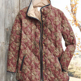 Women's vintage floral jacket, maroon and gold patterned with button front and dark trim