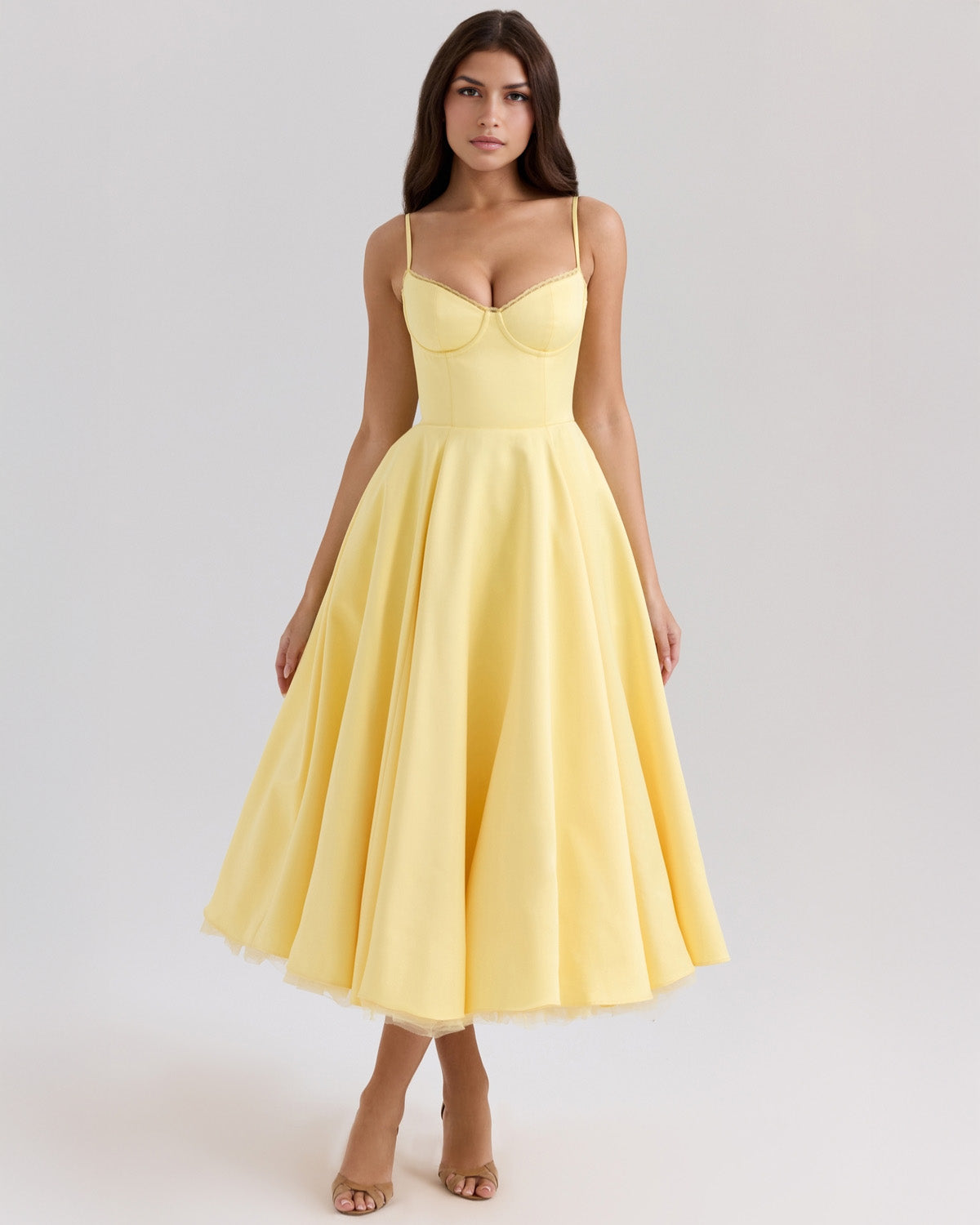 Ophira™ corset midi dress in butter yellow, sweetheart neckline, thin straps, flared skirt