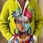 Yellow cardigan sweater with multicolor portrait print, V-neck with white ruffled collar