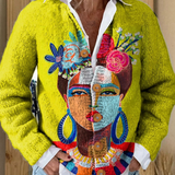Yellow cardigan sweater with multicolor portrait print, V-neck with white ruffled collar