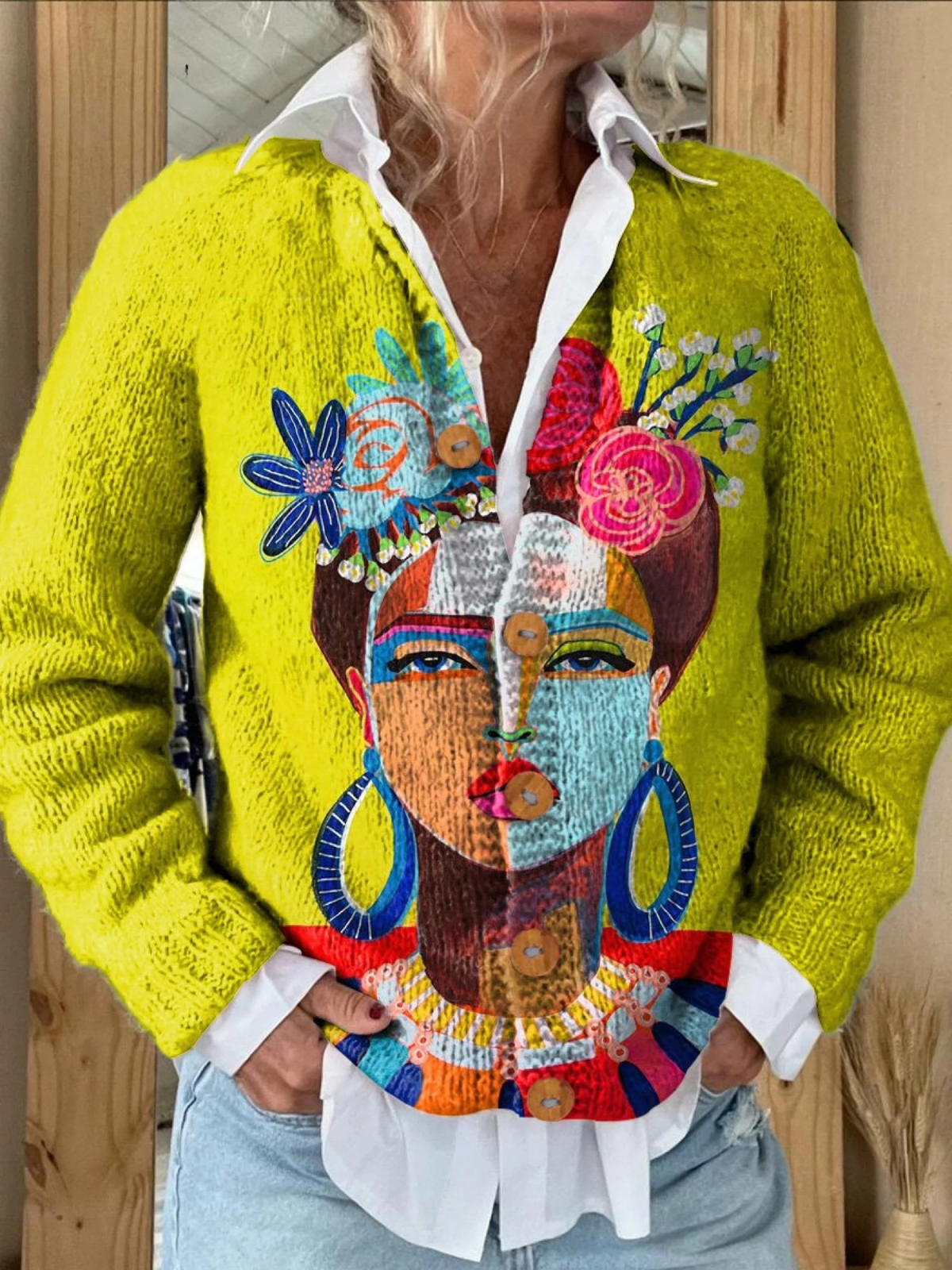 Yellow cardigan sweater with multicolor portrait print, V-neck with white ruffled collar