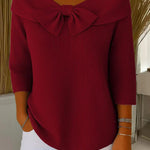 Burgundy women's knit sweater with oversized bow at neckline, 3/4 sleeves