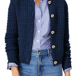 Navy textured knit button-front cardigan with rounded neckline and long sleeves