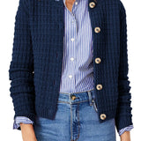 Navy textured knit button-front cardigan with rounded neckline and long sleeves