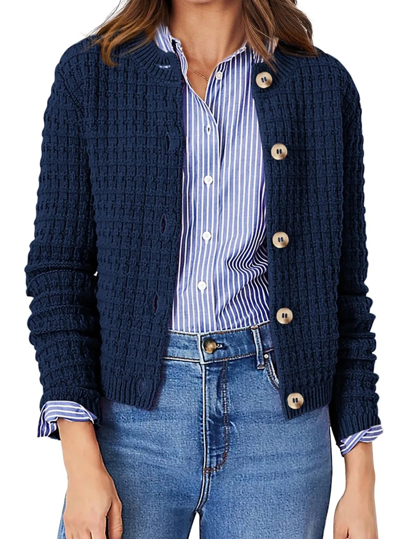 Navy textured knit button-front cardigan with rounded neckline and long sleeves