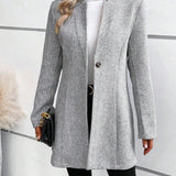 Grey collarless long-sleeve overcoat with A-line hem, button-front and herringbone weave