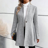 Grey collarless long-sleeve overcoat with herringbone texture and button-front closure