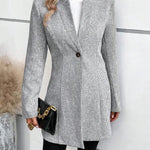 Grey collarless long-sleeve overcoat with V-open front and button placket