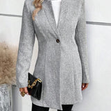 Grey collarless long-sleeve overcoat with V-open front and button placket
