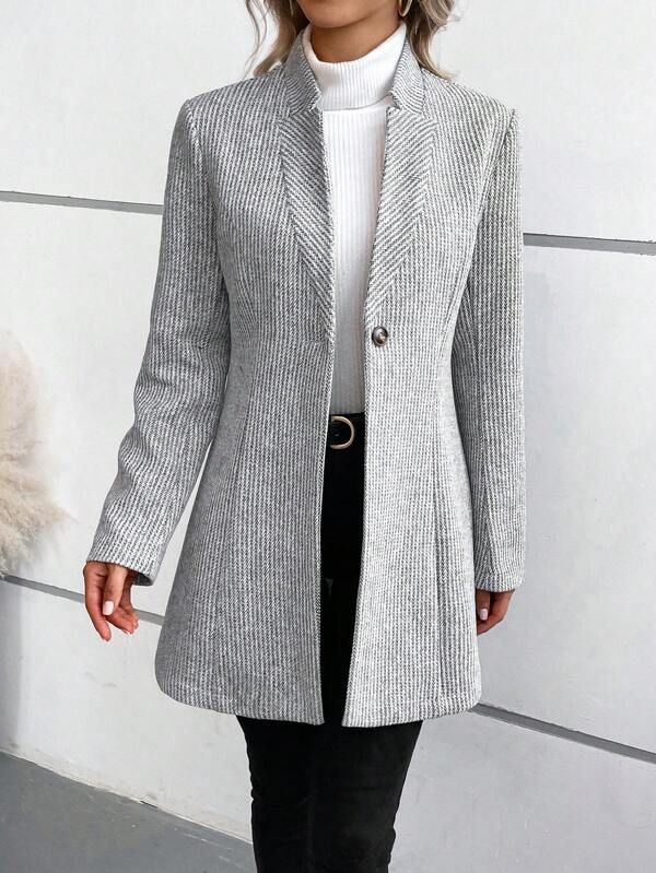 Grey collarless long-sleeve overcoat with herringbone weave and single-button front