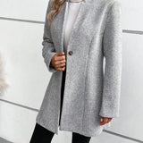 Grey collarless long-sleeve overcoat with herringbone texture and button-front opening