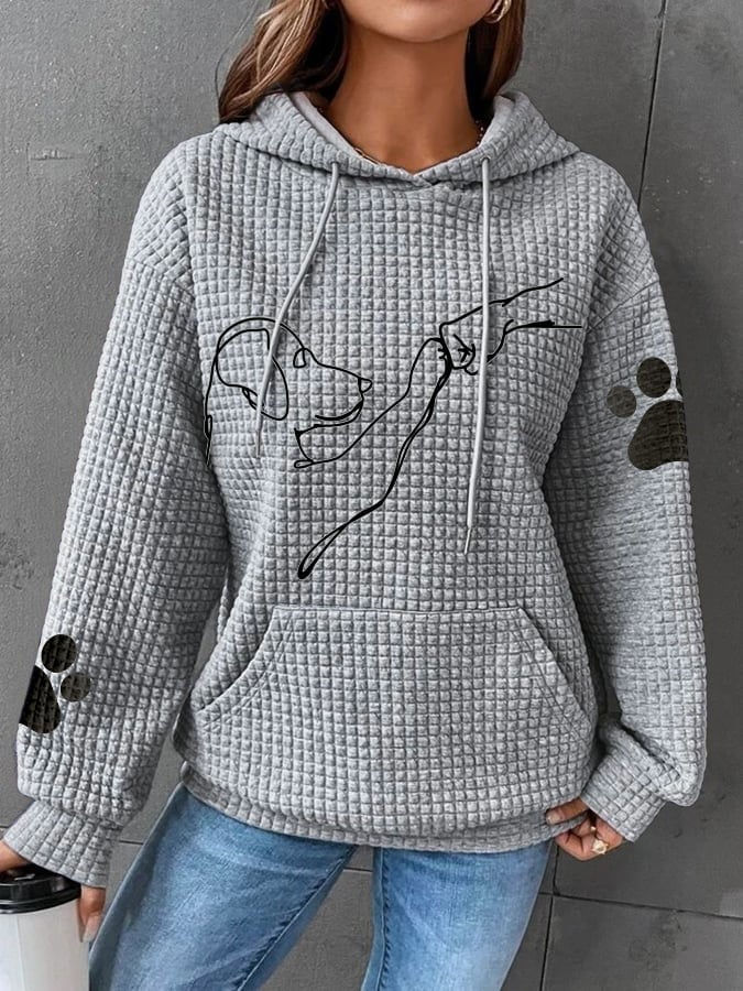 Women’s gray pullover hoodie with hood and pouch pocket, dog graphic, paw-print sleeves