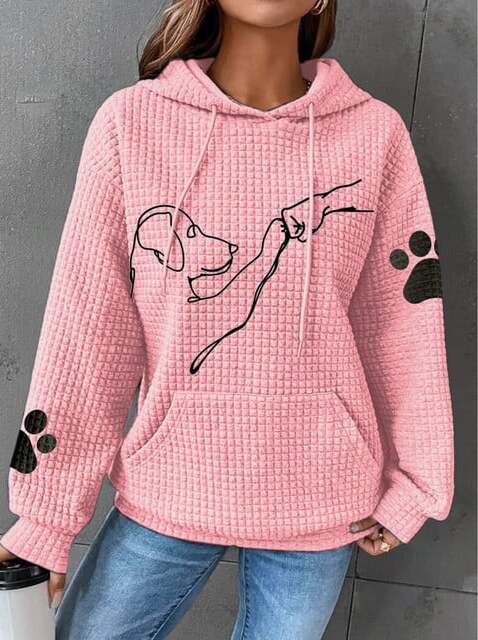 Women’s pink pullover hoodie with hood and pouch pocket, dog graphic, paw-print sleeves