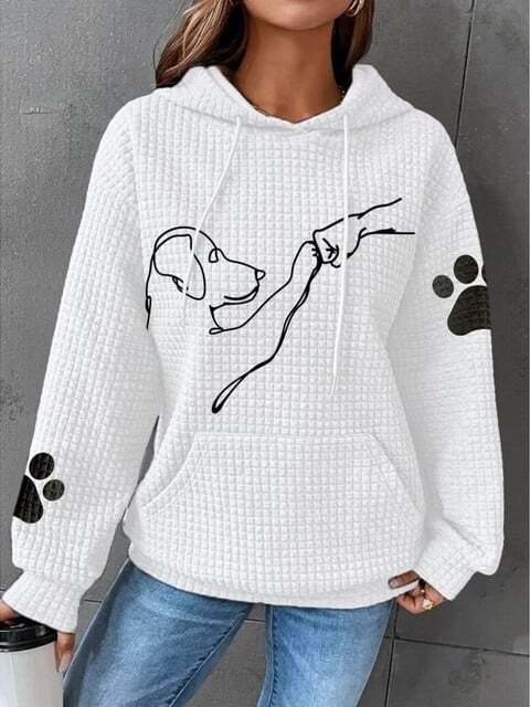 Women’s white pullover hoodie with hood and pouch pocket, dog graphic, paw-print sleeves
