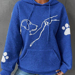 Women’s blue pullover hoodie with hood and pouch pocket, dog graphic, paw-print sleeves