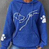 Women’s blue pullover hoodie with hood and pouch pocket, dog graphic, paw-print sleeves