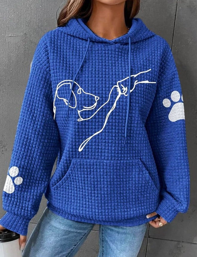 Women’s blue pullover hoodie with hood and pouch pocket, dog graphic, paw-print sleeves