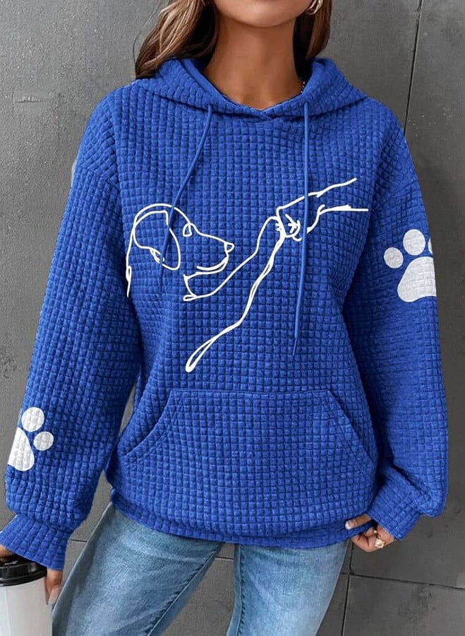 Women’s blue pullover hoodie with hood and pouch pocket, dog graphic, paw-print sleeves