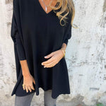 Black V-neck pullover sweater with three-quarter sleeves and relaxed fit.