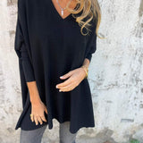 Black V-neck pullover sweater with three-quarter sleeves and relaxed fit.