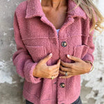 Pink short wool jacket with lapels, button front, chest pockets, long sleeves, fleece