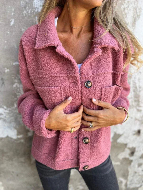 Pink short wool jacket with lapels, button front, chest pockets, long sleeves, fleece