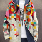 MATILDA Vibe cardigan with bold geometric pattern, hooded full-zip, navy fuzzy lining