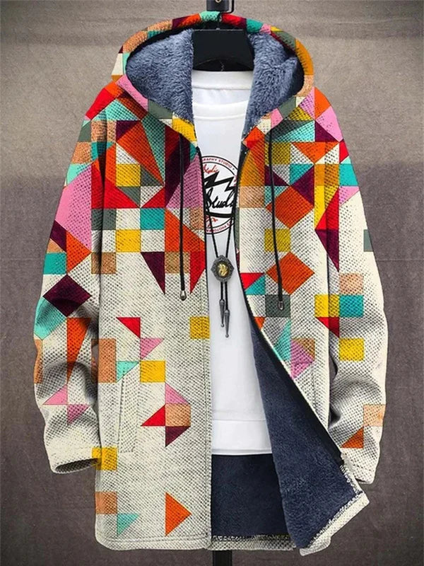 MATILDA Vibe cardigan with bold geometric pattern, hooded full-zip, navy fuzzy lining