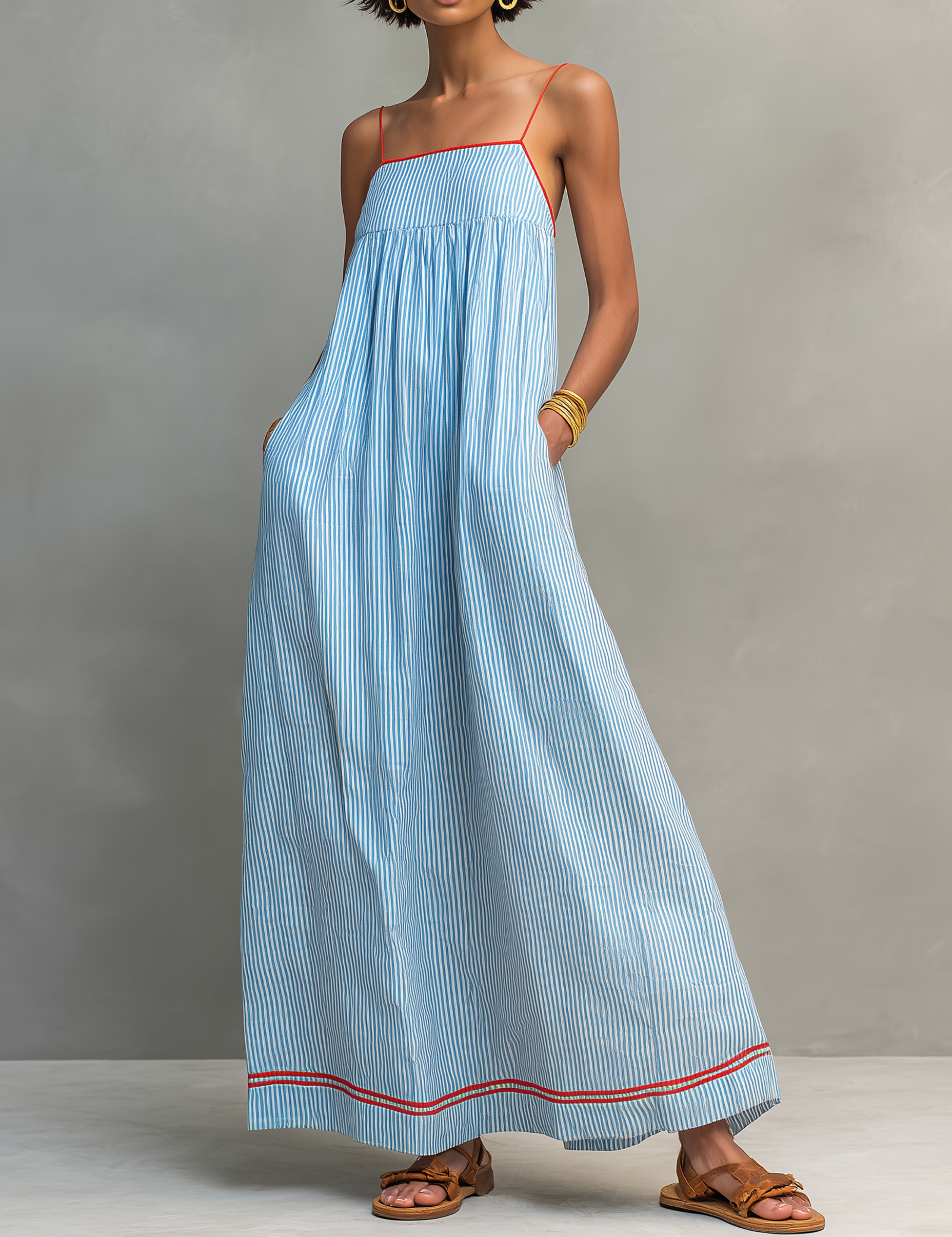 Women's blue striped maxi dress with spaghetti straps and red trim