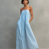 Minimalistisches, gestreiftes Maxikleid für Damen mit roten Akzenten und Spaghettiträgern